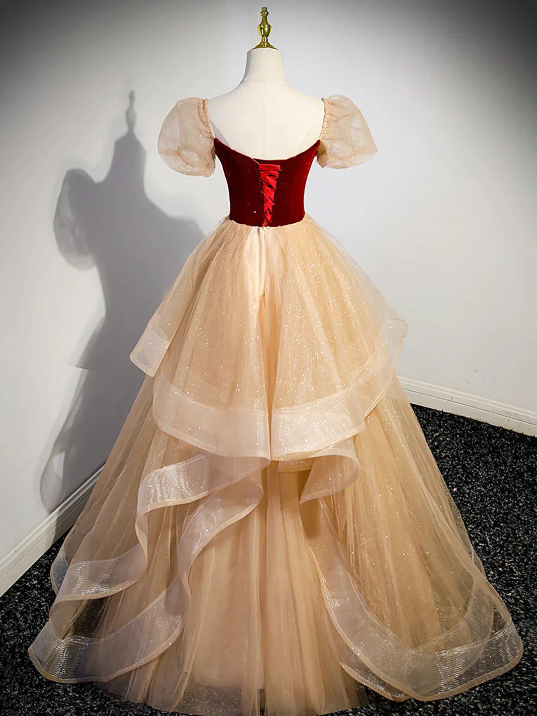 Cute Velvet Tulle Long Prom Dress, A-Line Short Sleeve Formal Dress TP363
