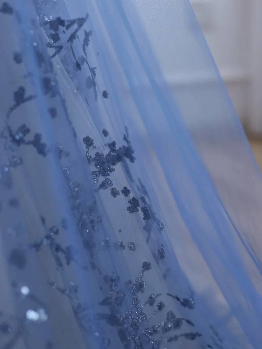 Blue Strapless Tulle Long Prom Dress with Beaded, A-Line Evening Formal Dress TP364