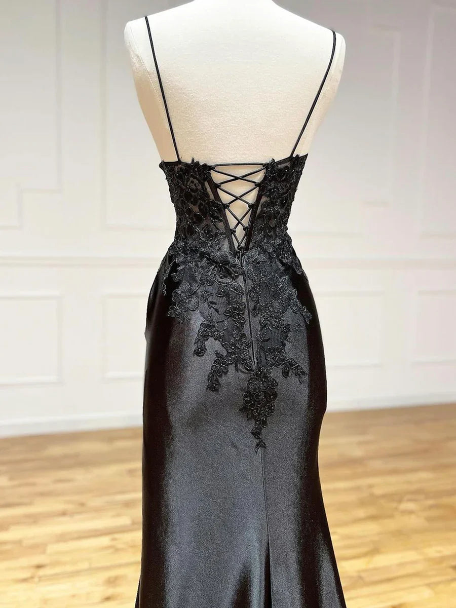 Black V-Neck Satin Lace Long Prom Dress, Black Spaghetti Strap Evening Dress with Slit TP366