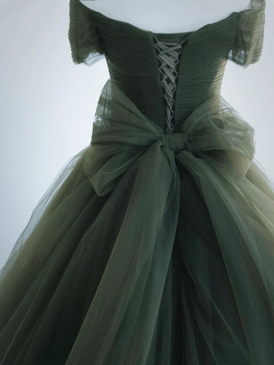 Green Tulle Long Prom Dress, A-Line Off Shoulder Evening Dress TP367