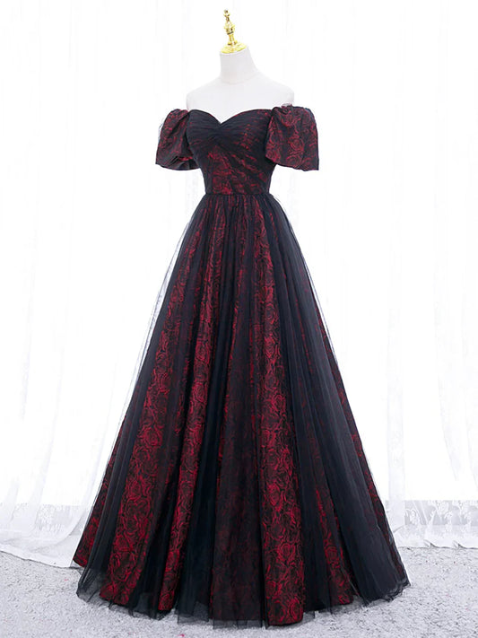 Black Tulle A-Line Prom Dress with Rose Print, Black Off Shoulder Evening Party Dress TP368