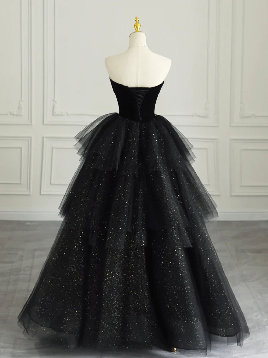 Black Strapless Tulle Formal Dress with Velvet, A-Line Sweetheart Neck Long Prom Dress TP369