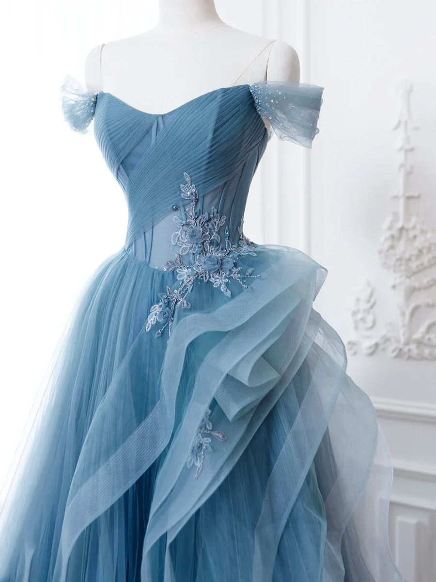 Blue Tulle Lace Long Formal Dress, A-Line Blue Evening Prom Dress TP370