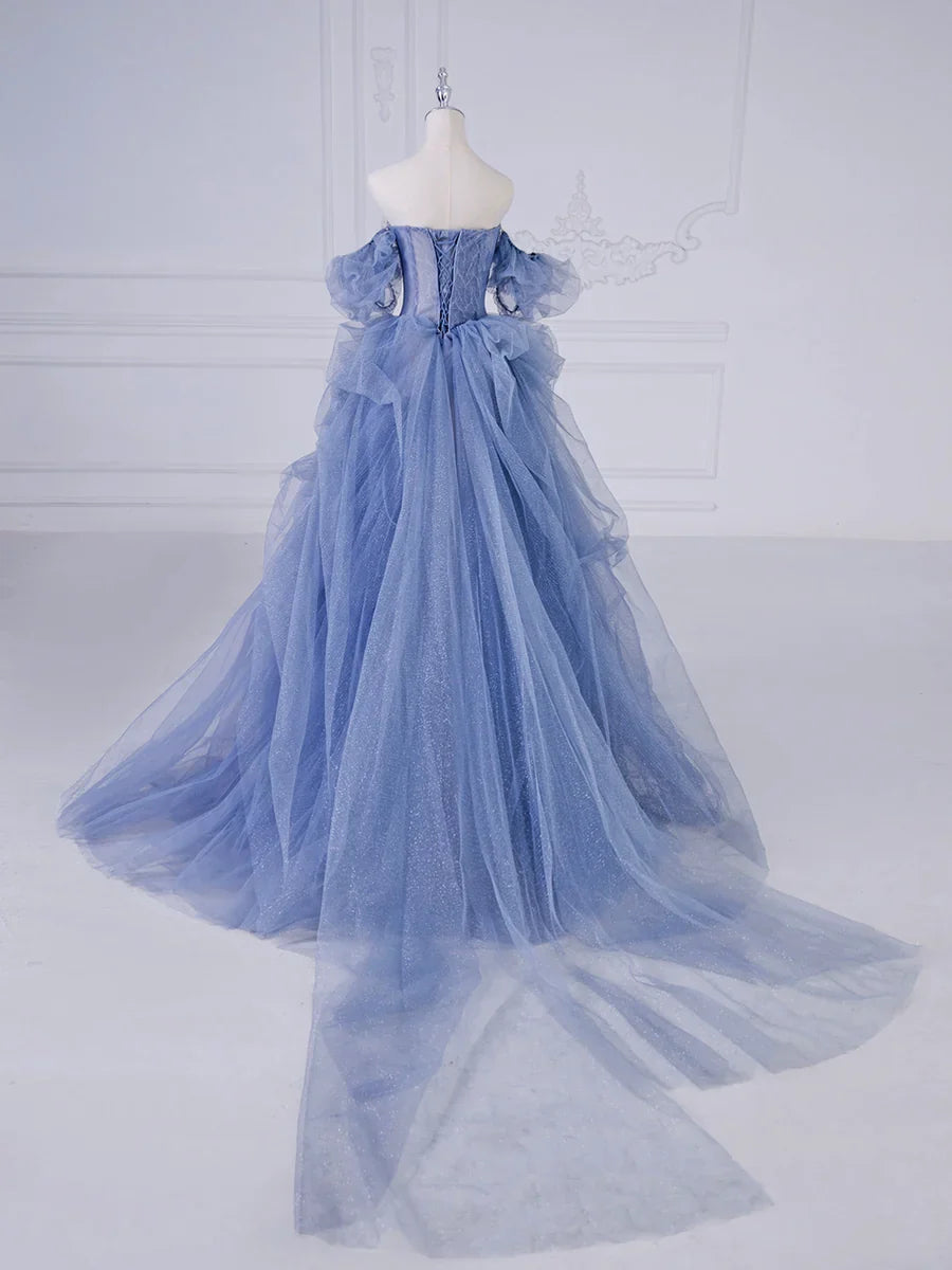 Blue Tulle Beaded Long Prom Dress, Blue A-Line Evening Party Dress TP371