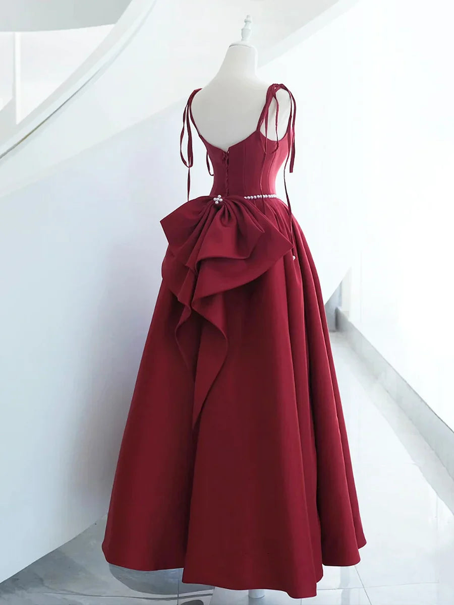 Burgundy Satin Long Prom Dress, A-Line Evening Dress with Bow TP373