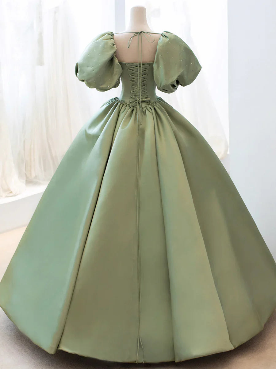 Green Satin Formal Evening Gown with Puff Sleeve, A-Line Long Prom Dress TP374