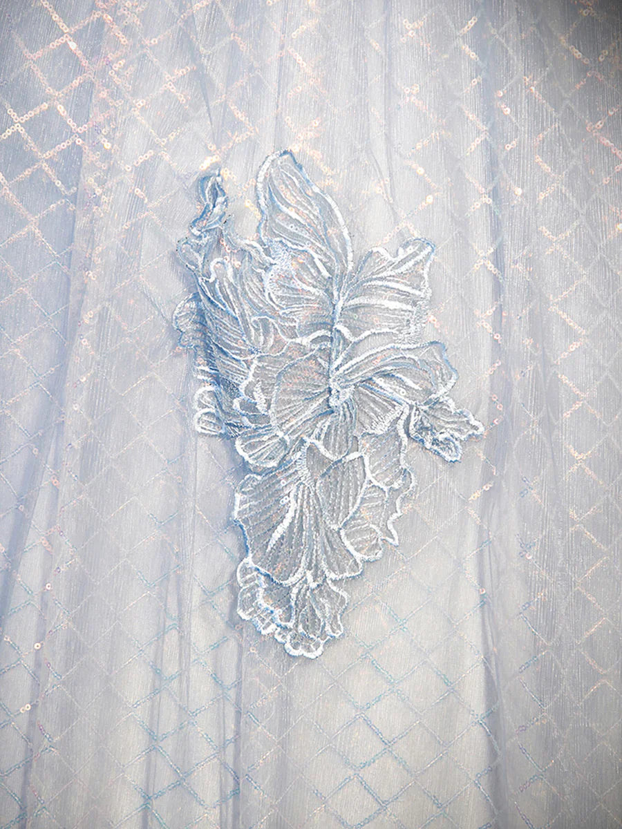 Blue Tulle Lace Long Prom Dress, Shiny A-Line Short Sleeve Evening Dress TP375