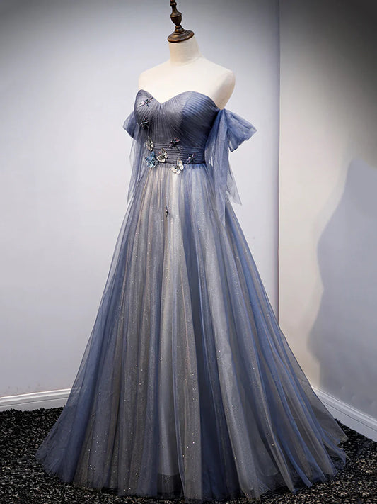 Blue Sweetheart Tulle with Lace Party Dress, Blue Long Formal Dress TP376