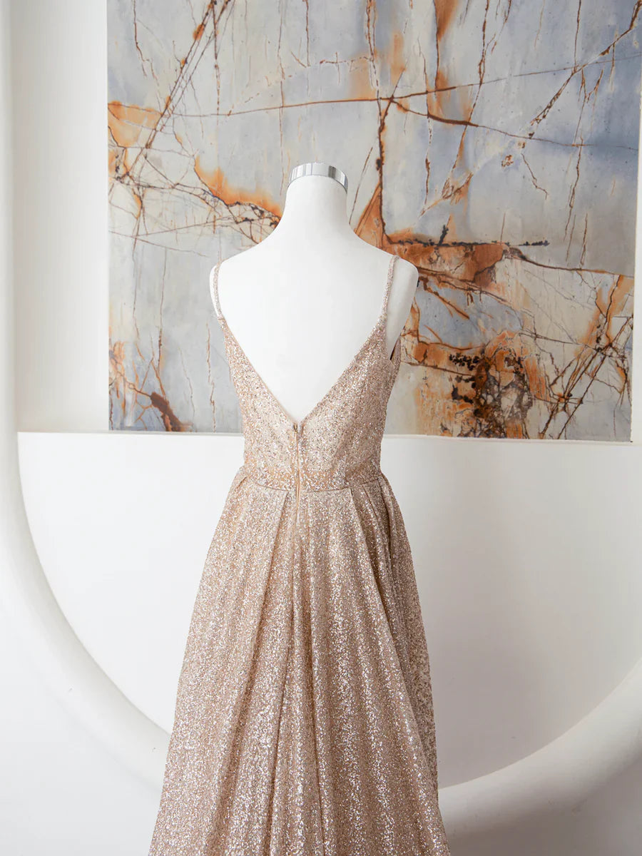 Champagne Spaghetti Strap Sequins Long Prom Dress, Shiny V-Neck Evening Dress TP378