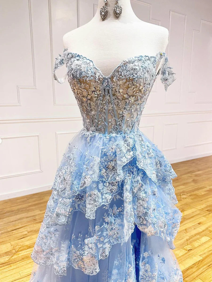 Blue Tulle Sequins Long Prom Dress, Beautiful Off Shoulder Evening Dress TP379