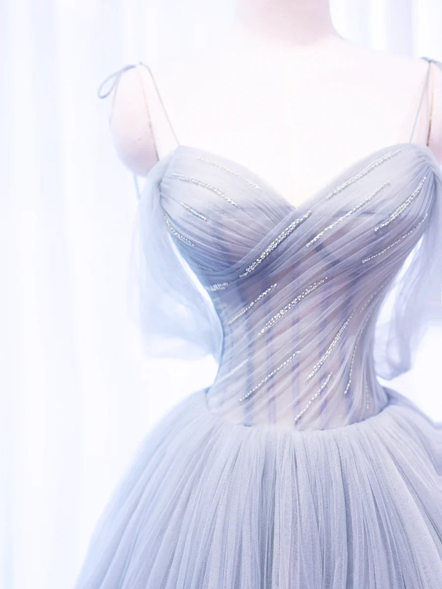 Gray Spaghetti Strap Tulle Long Prom Dress, Gray A-Line Evening Party Dress TP380