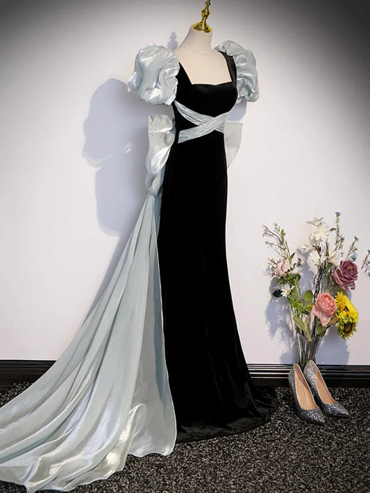 Black Velvet Long Prom Dress, Mermaid Evening Party Dress with Bow TP382