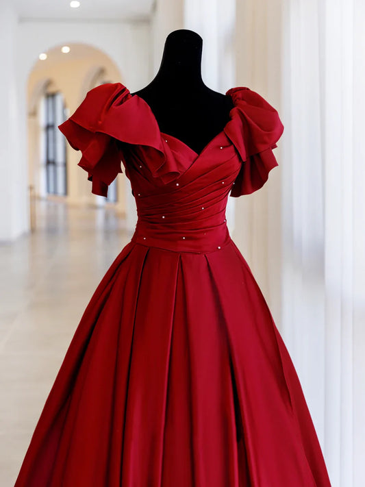 Burgundy Satin Long Prom Dress, A-Line Evening Party Dress TP383