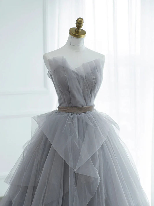 Gray Strapless Tulle Lace Long Prom Dress, A-Line Evening Party Dress TP384