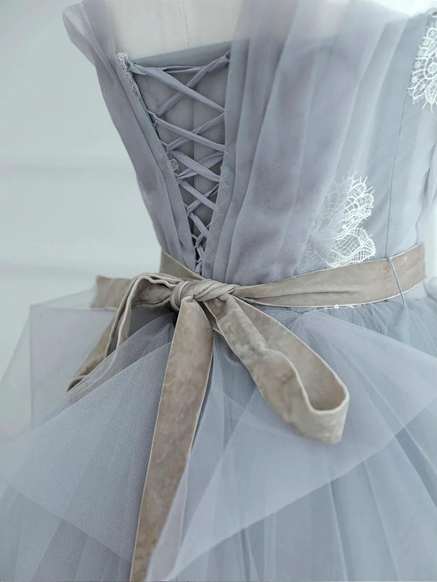 Gray Strapless Tulle Lace Long Prom Dress, A-Line Evening Party Dress TP384