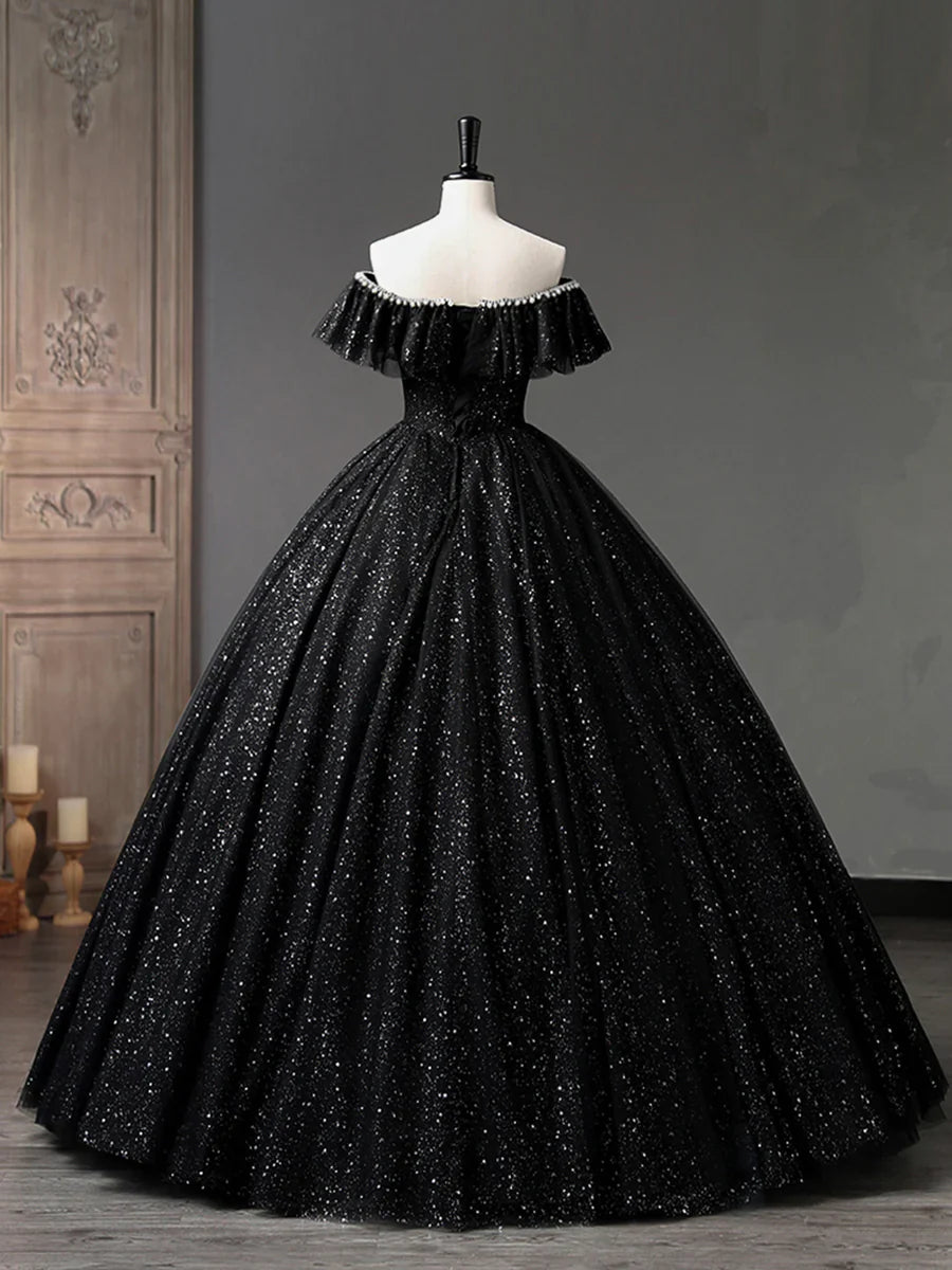 Black Tulle Long A-Line Prom Dress, Shiny Off Shoulder Evening Dress TP385