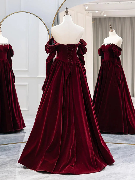 Burgundy Velvet Long Formal Dress, Elegant Long Sleeve A-Line Prom Dress TP386