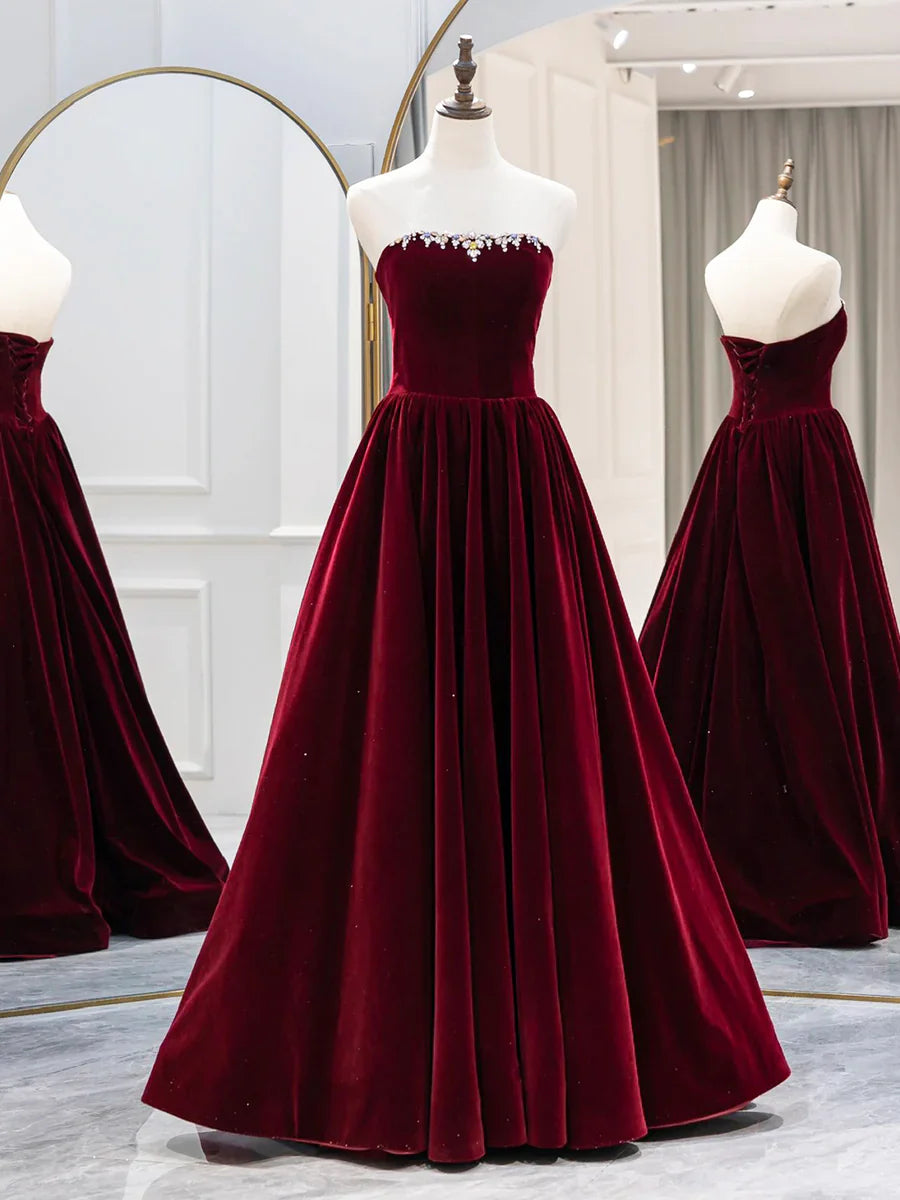 Burgundy Velvet Long Formal Dress, Elegant Long Sleeve A-Line Prom Dress TP386