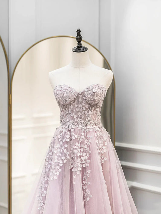 Cute Tulle Sweetheart Long Party Dress with Lace, Beautiful A-Line Prom Dress TP387