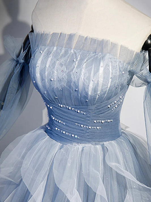 Blue Strapless Tulle Long Prom Dress, Chic A-Line Formal Dress with Long Sleeves TP388