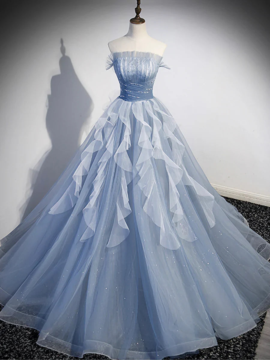 Blue Strapless Tulle Long Prom Dress, Chic A-Line Formal Dress with Long Sleeves TP388