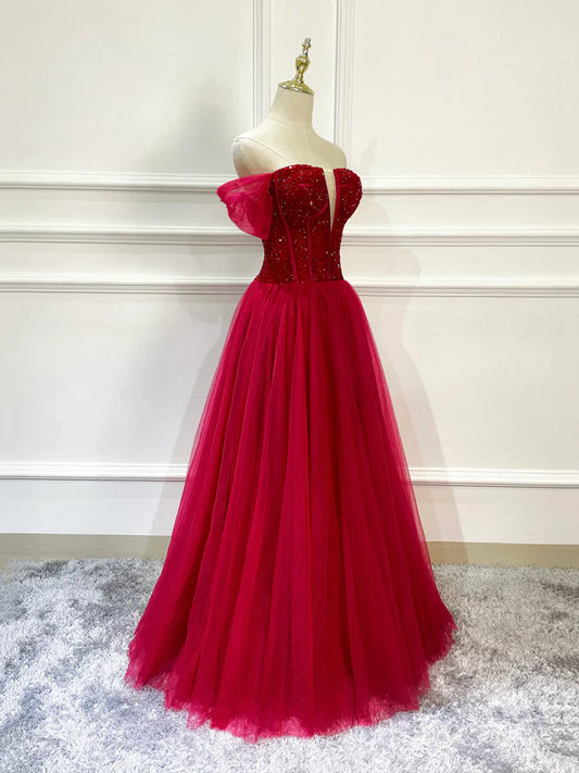 Burgundy Tulle Beaded Long Formal Dress, Off Shoulder Evening Party Dress TP389