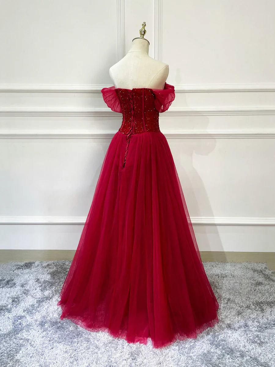 Burgundy Tulle Beaded Long Formal Dress, Off Shoulder Evening Party Dress TP389
