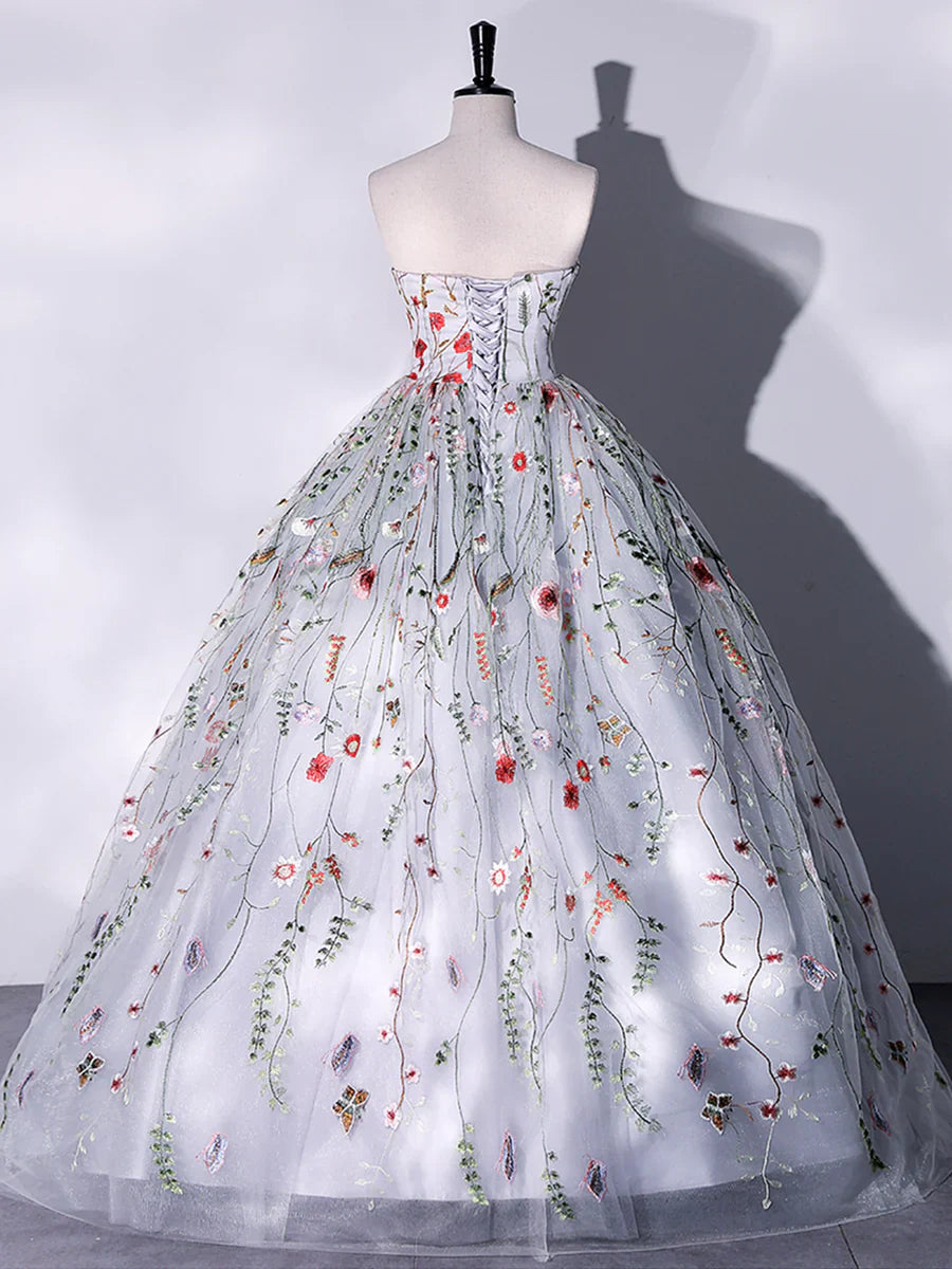 Lovely Strapless Floral Tulle Long Prom Dress, Gray A-Line Evening Party Dress TP401
