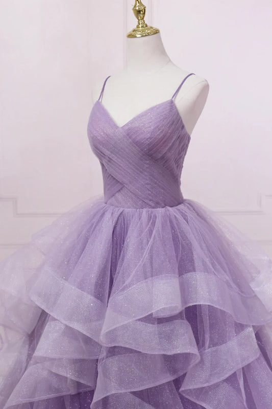 Purple Tulle Long Prom Dress, A-Line Spaghetti Strap Evening Gown TP458