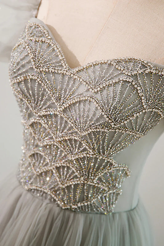 Gray Tulle Beading Long Prom Dress, A-Line Short Sleeve Evening Dress TP459
