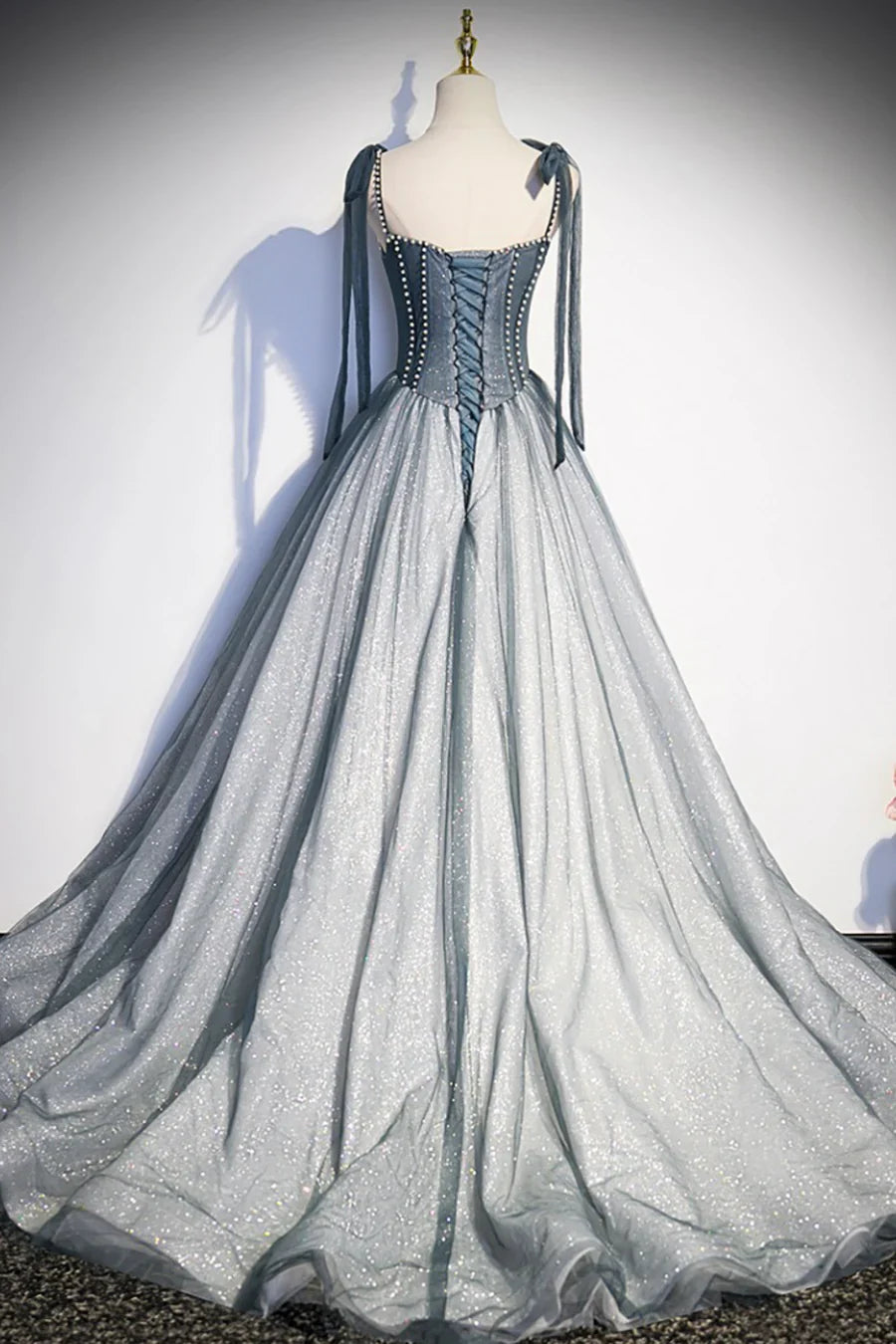 Gray Spaghetti Straps Long A-Line Prom Dress, Gray Evening Dress with Beaded TP471