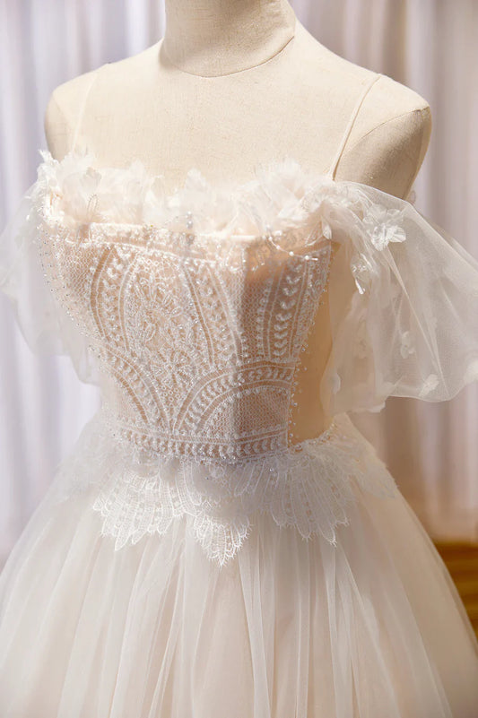 Champagne Lace Long A-line Prom Dress, Off the Shoulder Evening Dress TP479