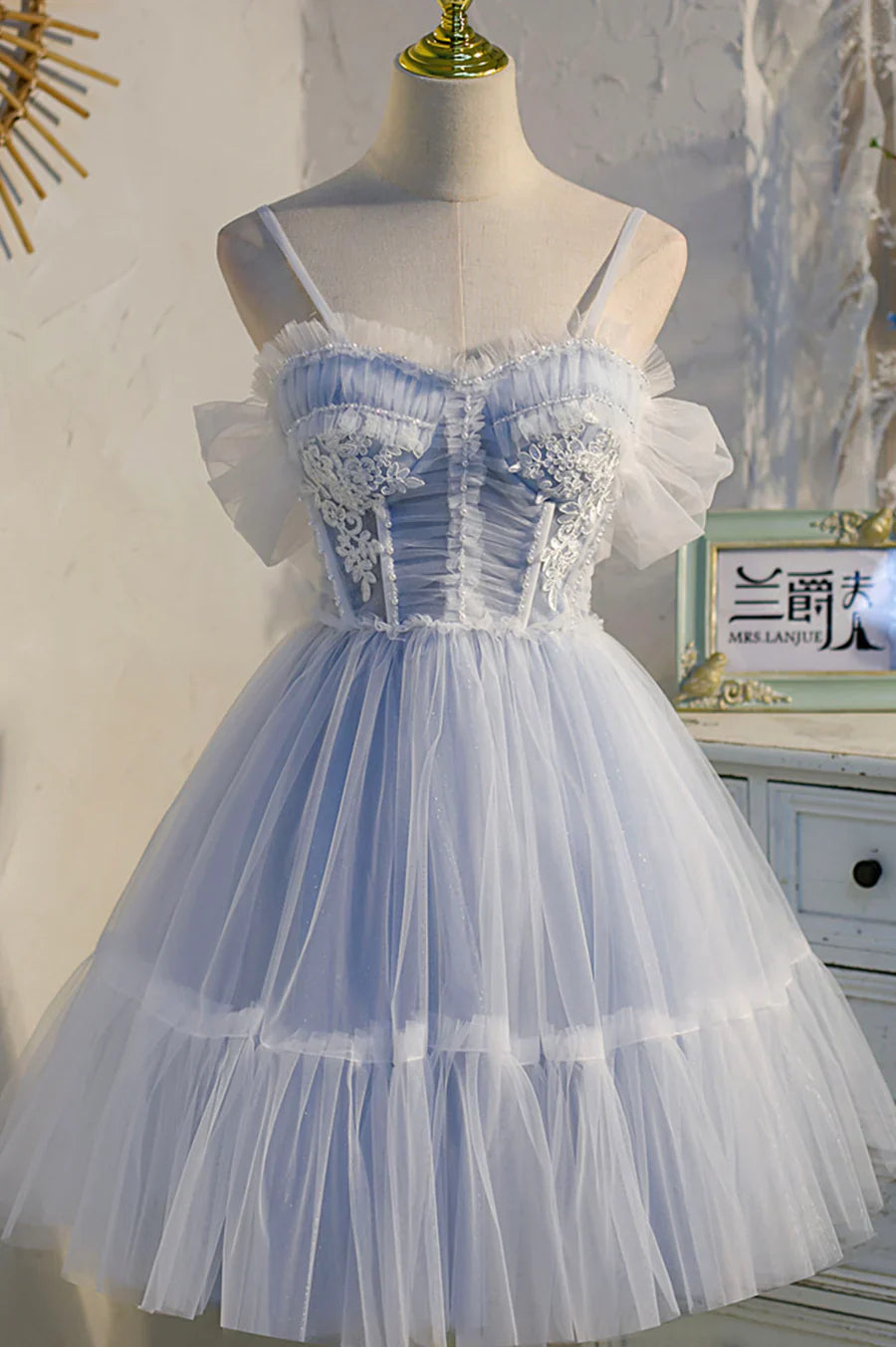 Cute Spaghetti Strap Lace Short Party Dresses, A-Line Evening Dresses TP503