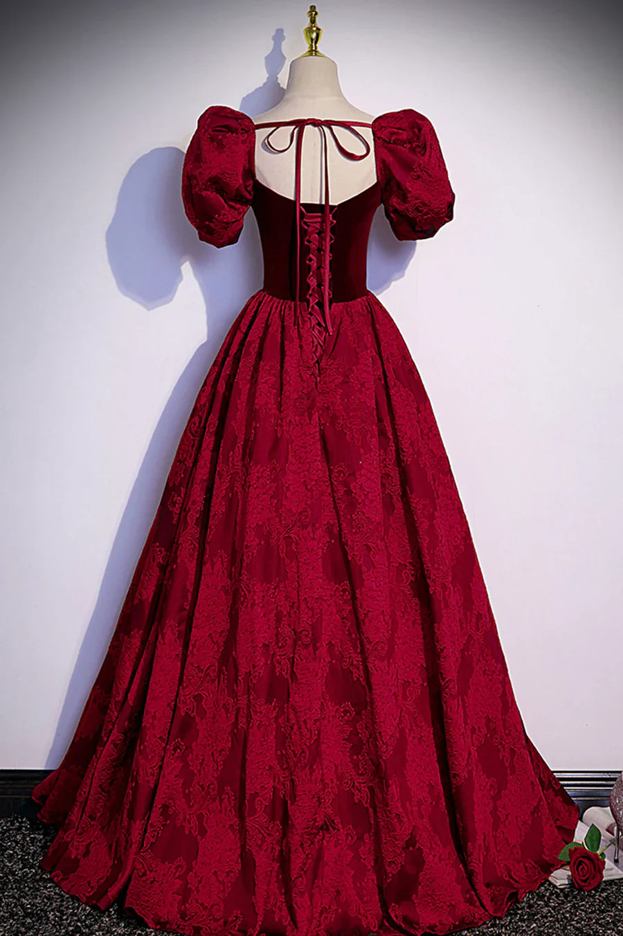 Burgundy Velvet Long A-Line Prom Dress, Short Sleeve Evening Dress TP528