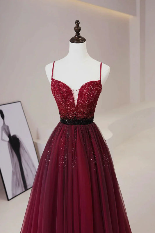 Burgundy Tulle Beaded Long Prom Dress, A-Line Spaghetti Strap Evening Dress TP533