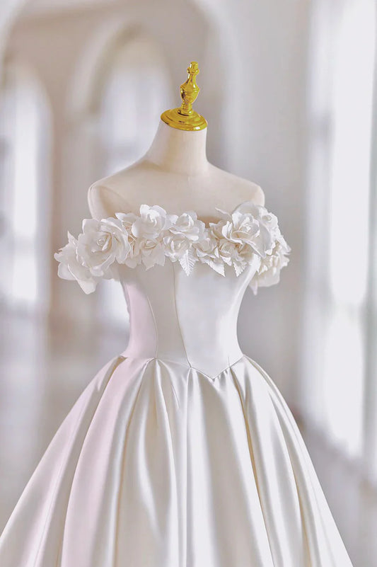 White Satin Long Ball Gown, A-Line Flower Wedding Gown with Bow TP539