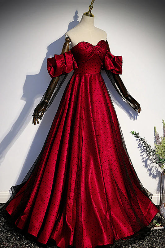 Burgundy Satin Tulle Long Prom Dress, A-Line Sweetheart Neck Evening Dress TP556