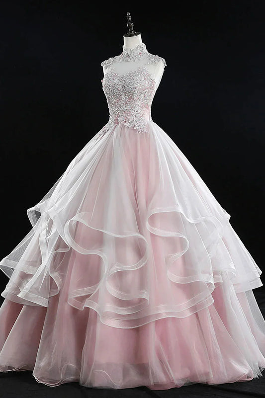Pink Tulle Lace Sweet 16 Dresses, Long Quinceanera Dresses TP564