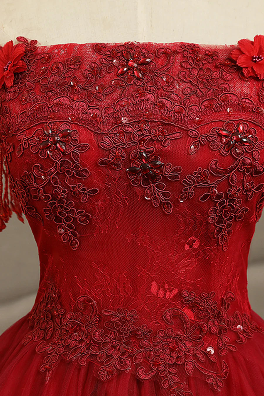 Burgundy Lace Long Formal Evening Dress, A-Line Lace Ball Gown TP567