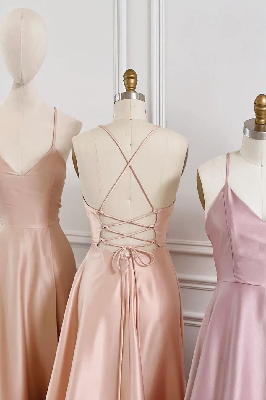 Simple V-Neck Satin Long Prom Dress, A-Line Backless Evening Dress TP575