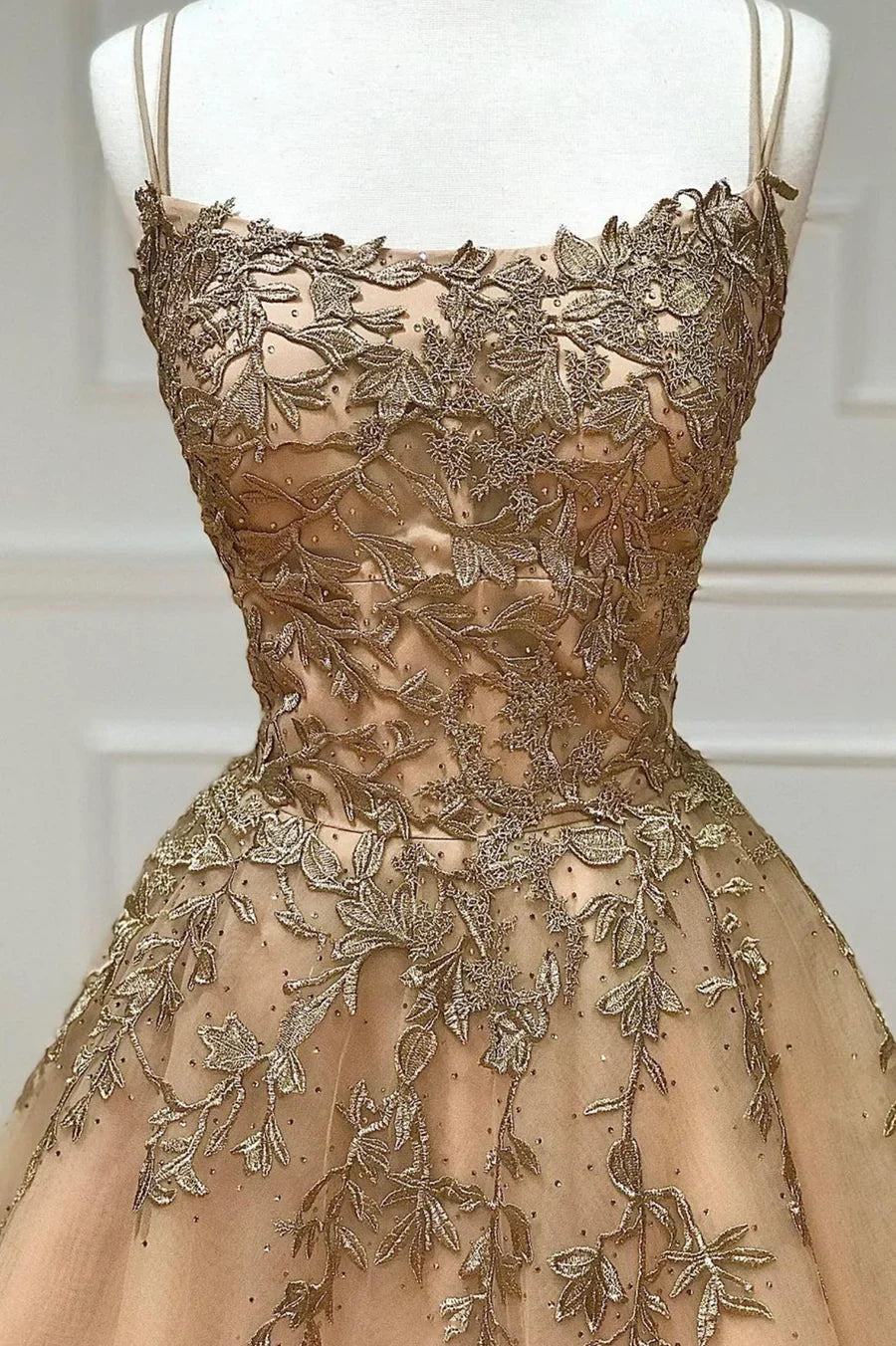 A-Line Spaghetti Straps Lace Long Prom Dress, Lace Evening Dress TP581
