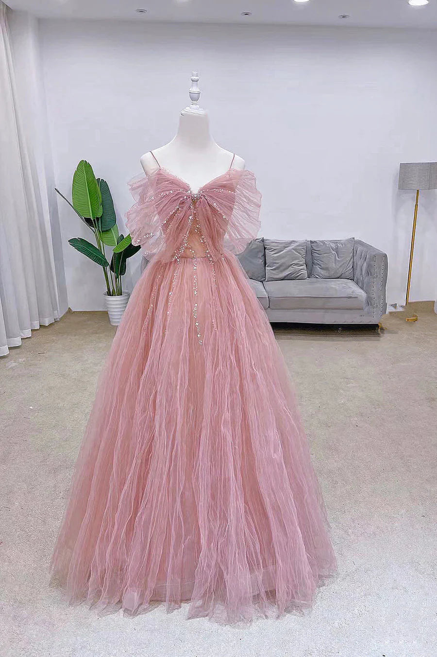 Pink Tulle Sequins Long Prom Dress, Cute A-Line Evening Dress TP584
