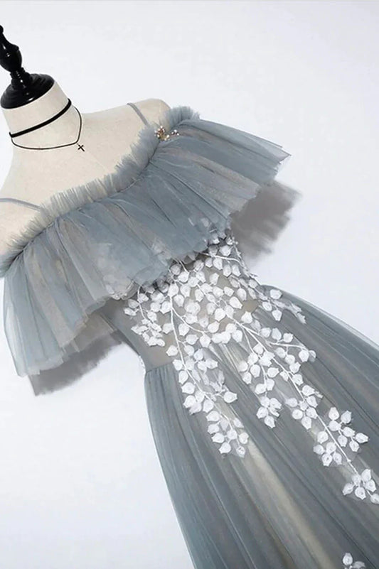 Gray Tulle Lace Long Prom Dress, A-Line Evening Dress TP597