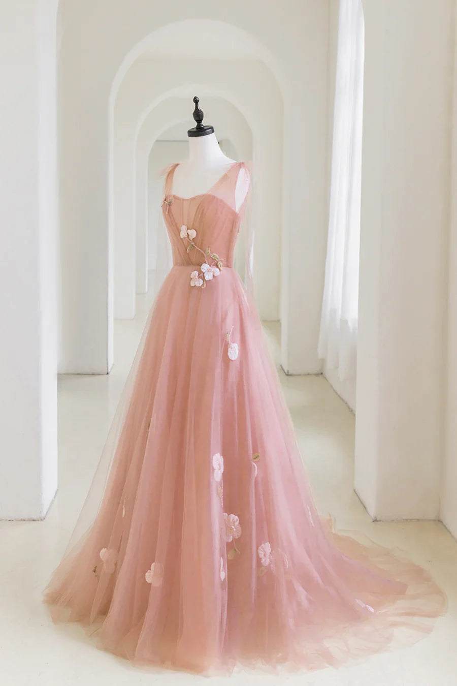 Pink Tulle Applique Long Evening Dress, A-Line Junior Prom Dress TP601