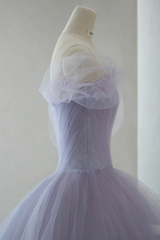 Previous Next Purple Tulle Short Prom Dress, A-Line Off the Shoulder Party Dress TP612
