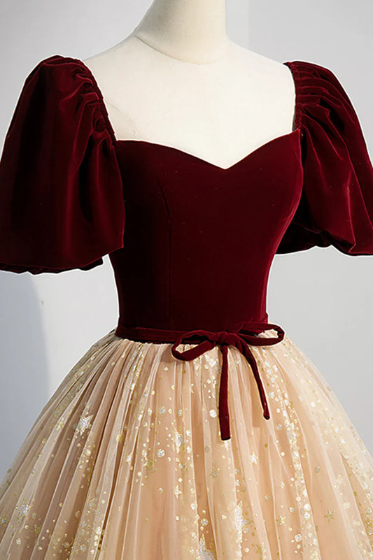 Cute Velvet Tulle Long Prom Dress, A-Line Evening Dress TP617