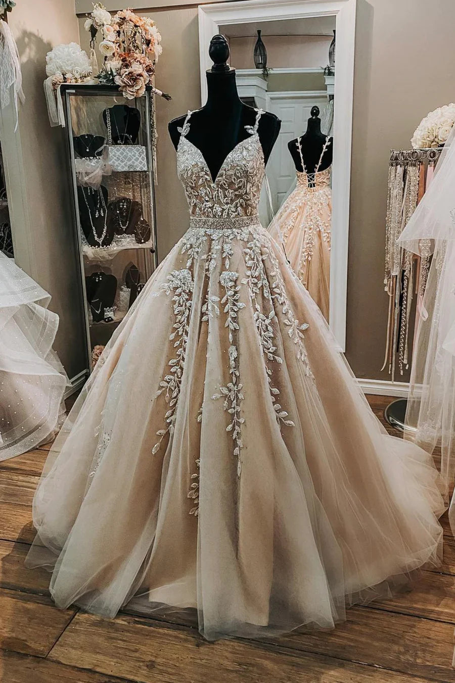 Champagne Tulle Lace Long Prom Dresses, A-Line Formal Evening Dresses TP665