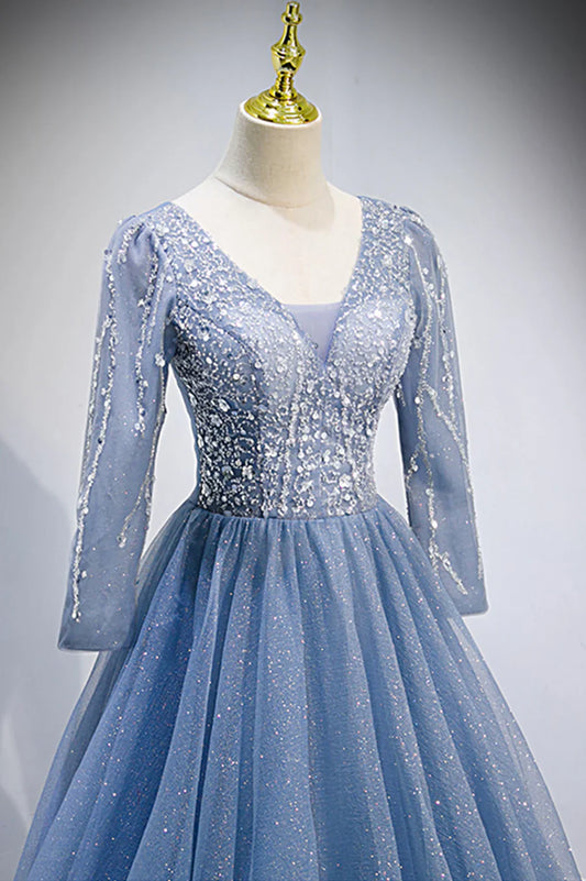 Previous Next Blue V-Neck Tulle Beading Long Prom Dresses, Long Sleeve Evening Dresses TP678