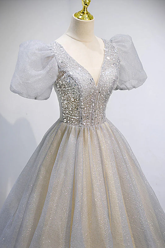 Grey V-Neck Tulle Beading Long Prom Dresses, A-Line Evening Dresses TP681