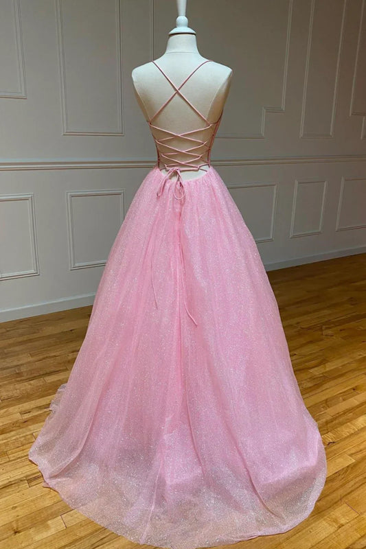 Previous Next Pink V-Neck Tulle Long Prom Dresses, A-Line Backless Evening Dresses TP704